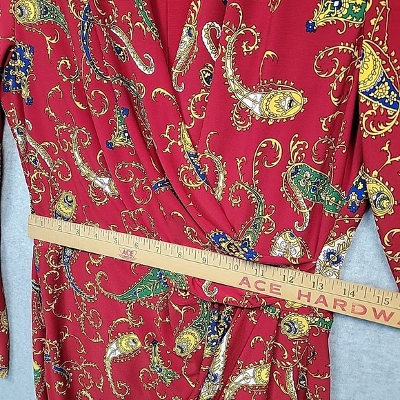 LAUREN RALPH LAUREN Paisley Pleated Surplice Faux Wrap Jersey Dress 6 Red Blue - Picture 6 of 12